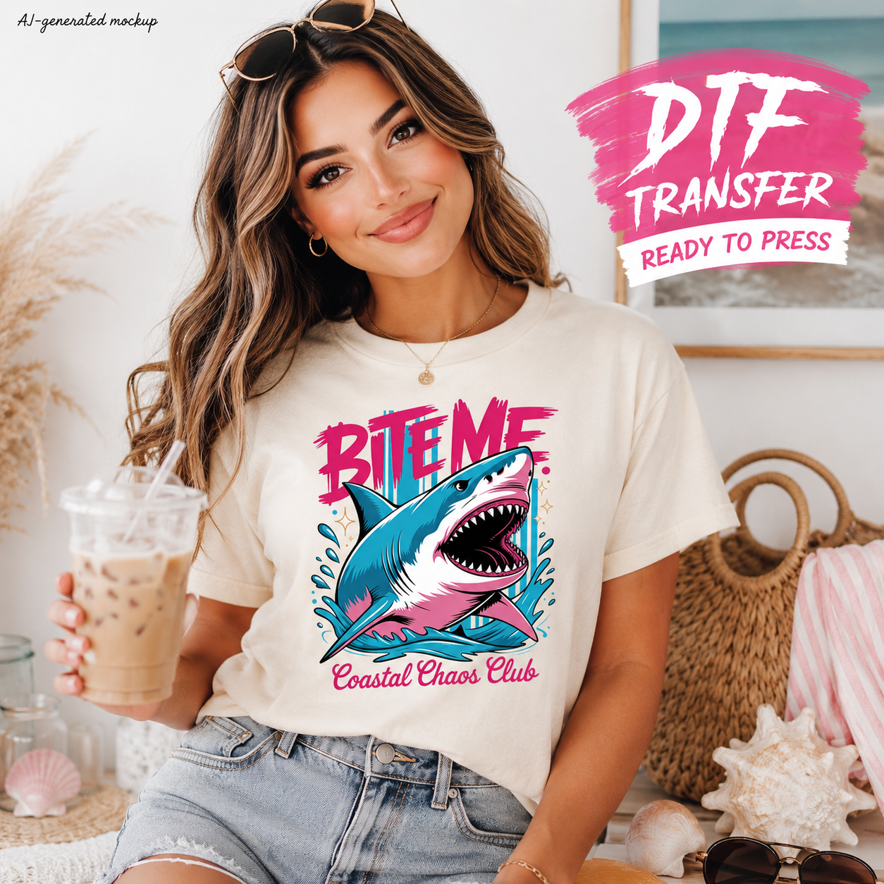Woman wearing a t-shirt with a shark graphic and 'Bite Me' text, holding a drink.