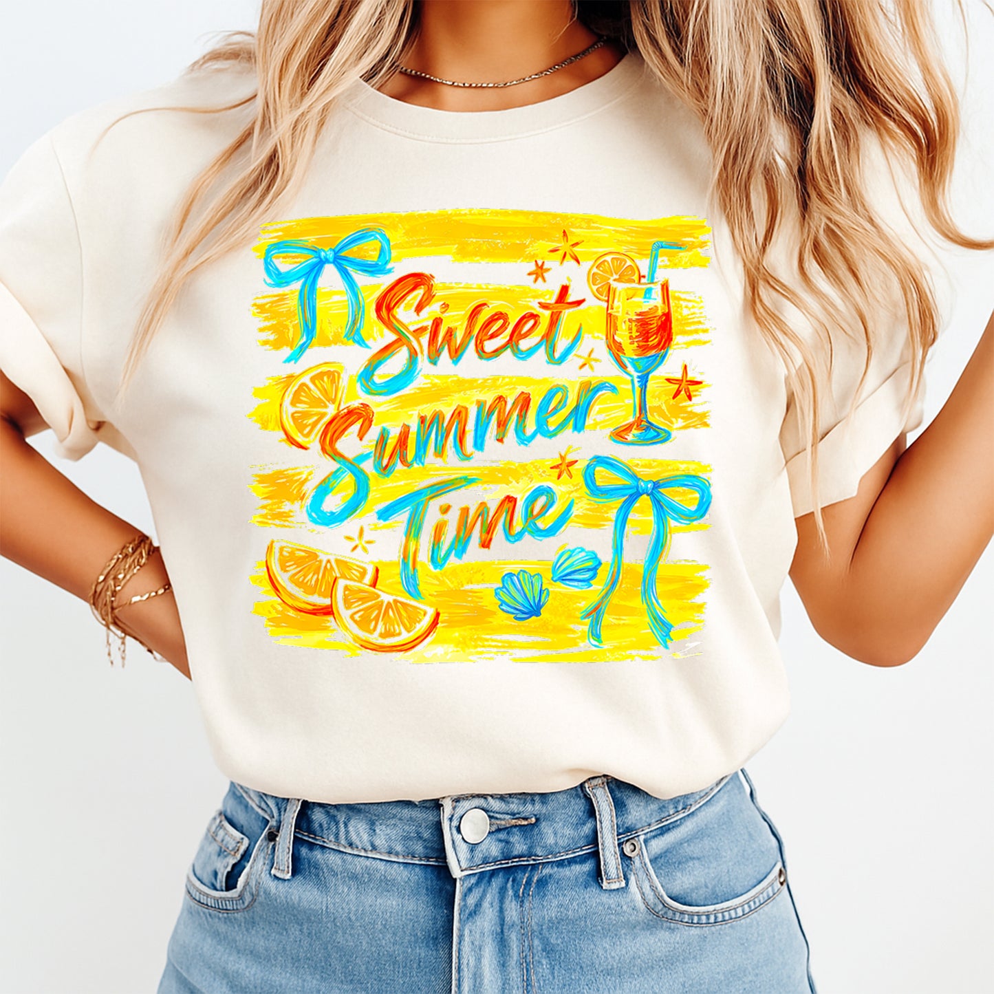 Person wearing a white t-shirt with 'Sweet Summer Time' design, featuring colorful graphics.