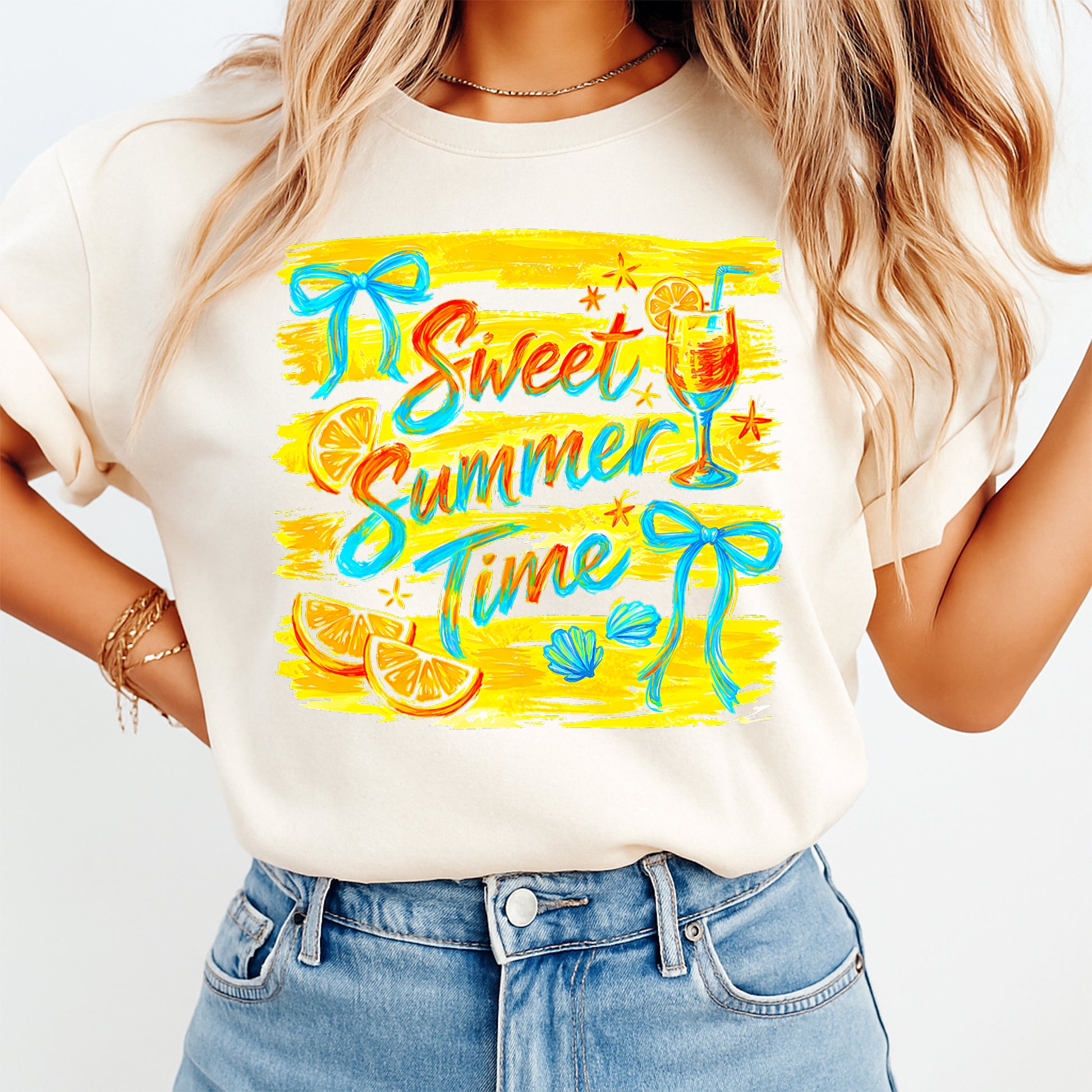 Person wearing a white t-shirt with 'Sweet Summer Time' design, featuring colorful graphics.