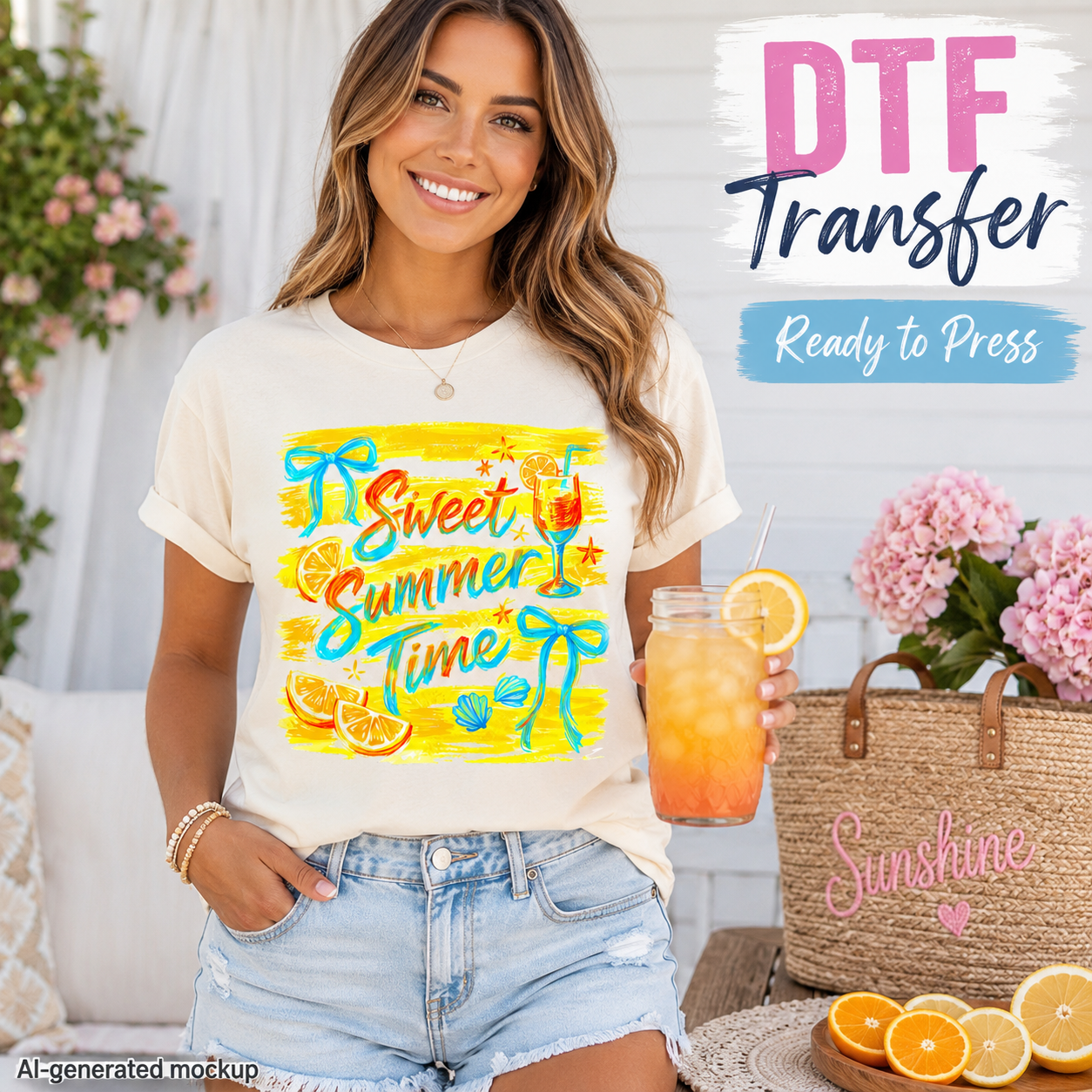 Woman wearing a t-shirt with 'Sweet Summer Time' design, holding a drink, with flowers and a bag in the background.
