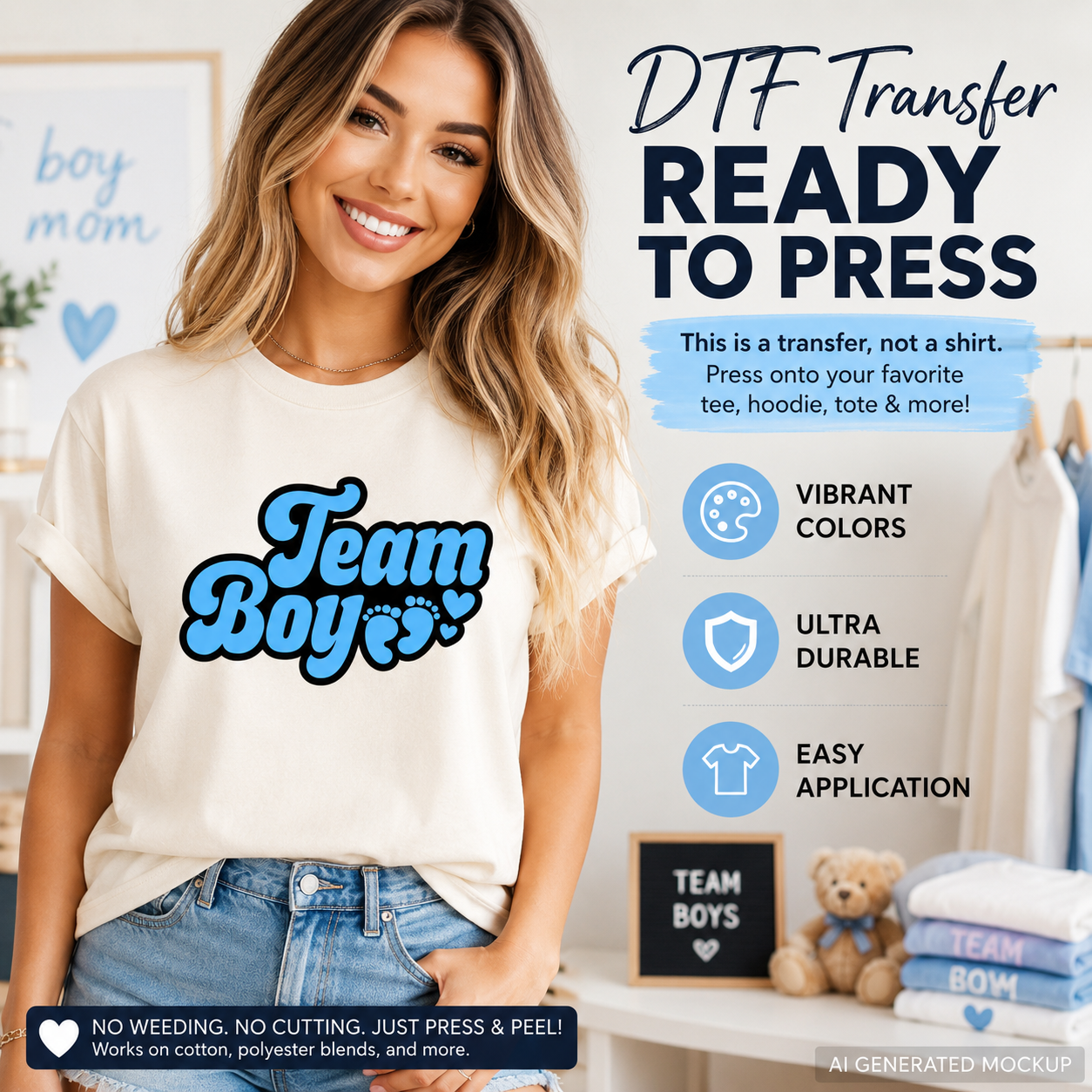 Woman wearing a 'Team Boys' t-shirt with promotional text about DTF transfers.