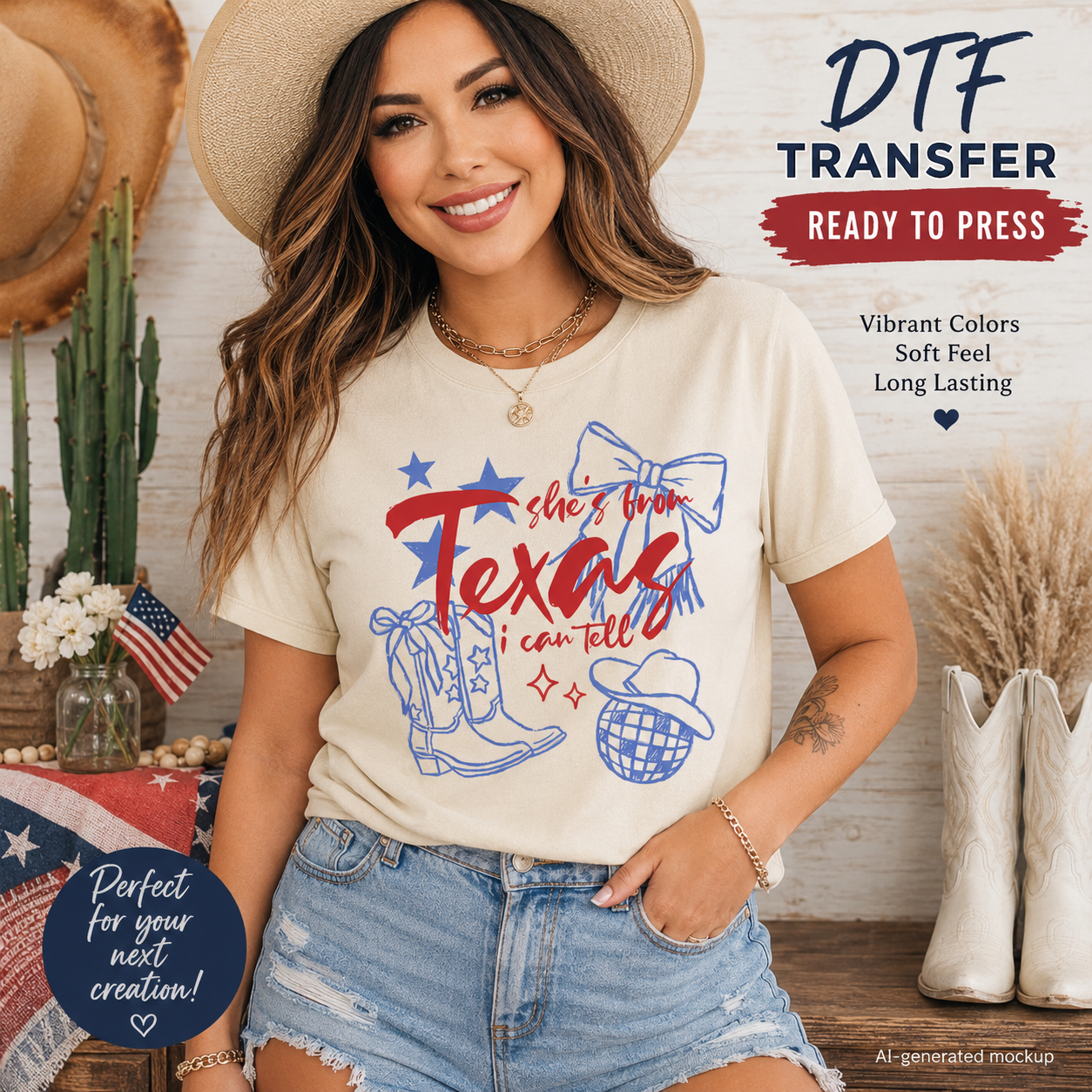 Woman wearing a t-shirt with 'she's from Texas, I can tell' design, surrounded by decorative items.