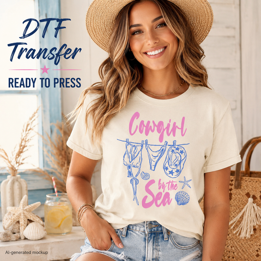 Woman wearing a t-shirt with 'Cowgirl by the Sea' design, standing in a coastal-themed room.