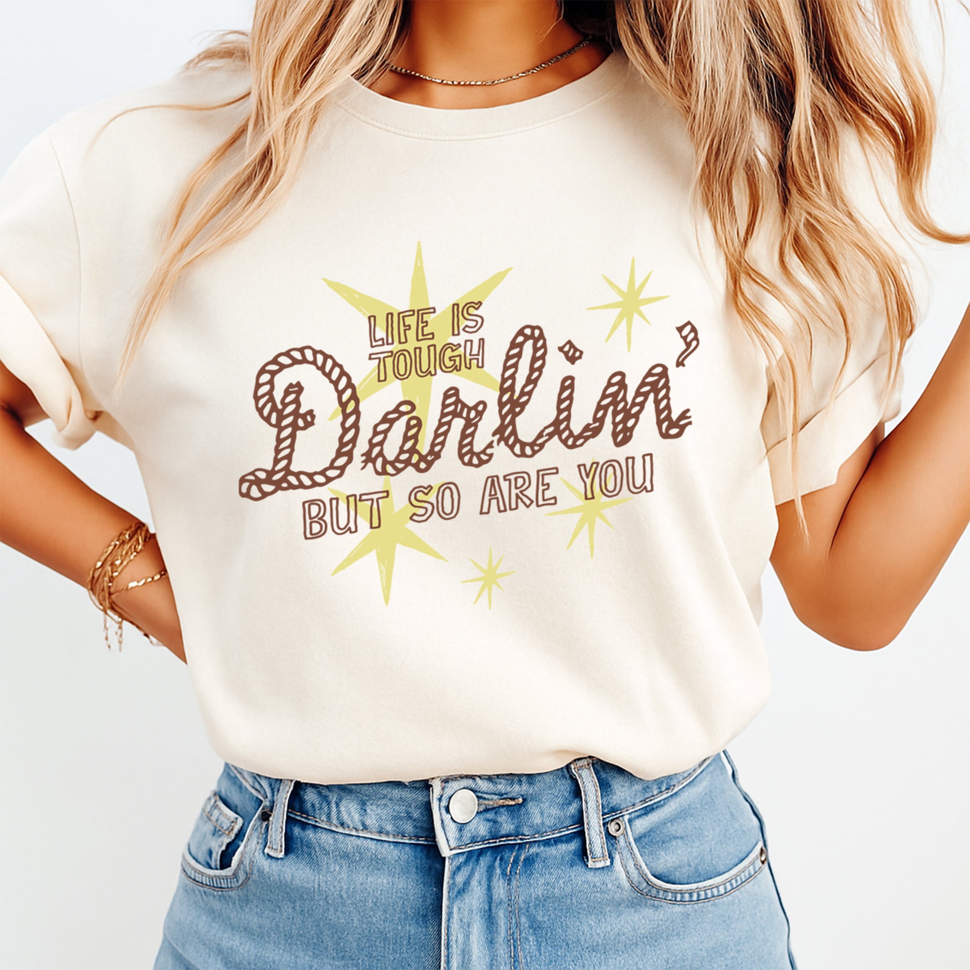 Life Is Tough Darlin DTF transfer mockup on shirt, western ready to press iron on heat transfer for cowgirl DIY shirts