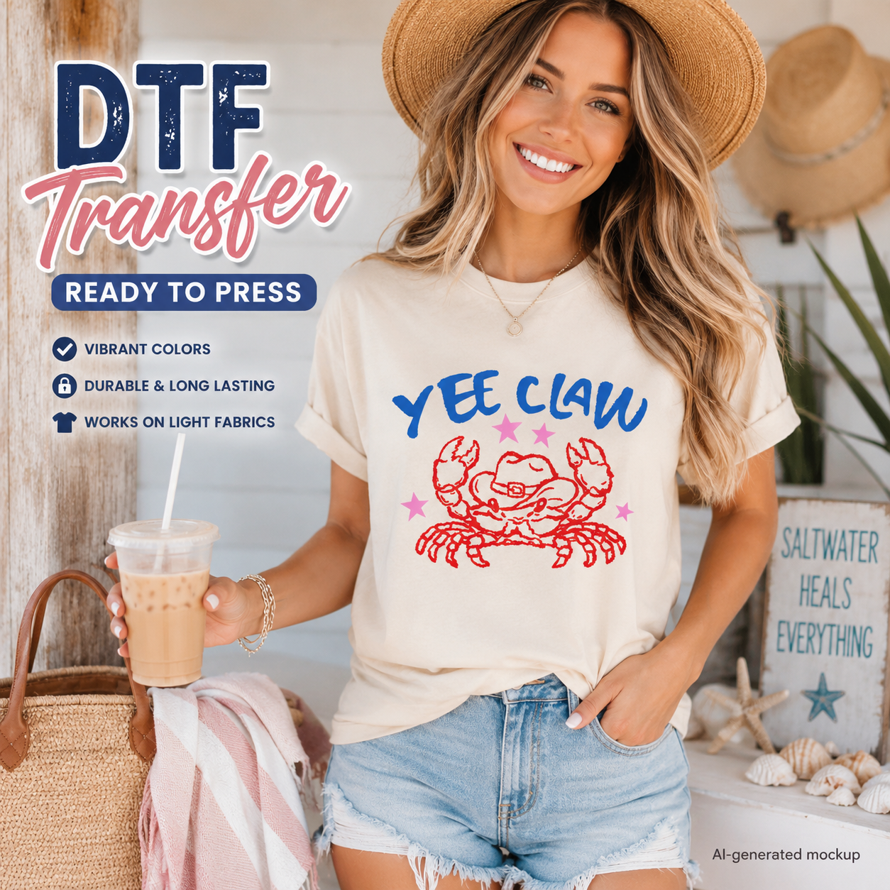 Woman wearing a t-shirt with a 'YEE CLAW' graphic and holding a drink, with promotional text for DTF transfer. 