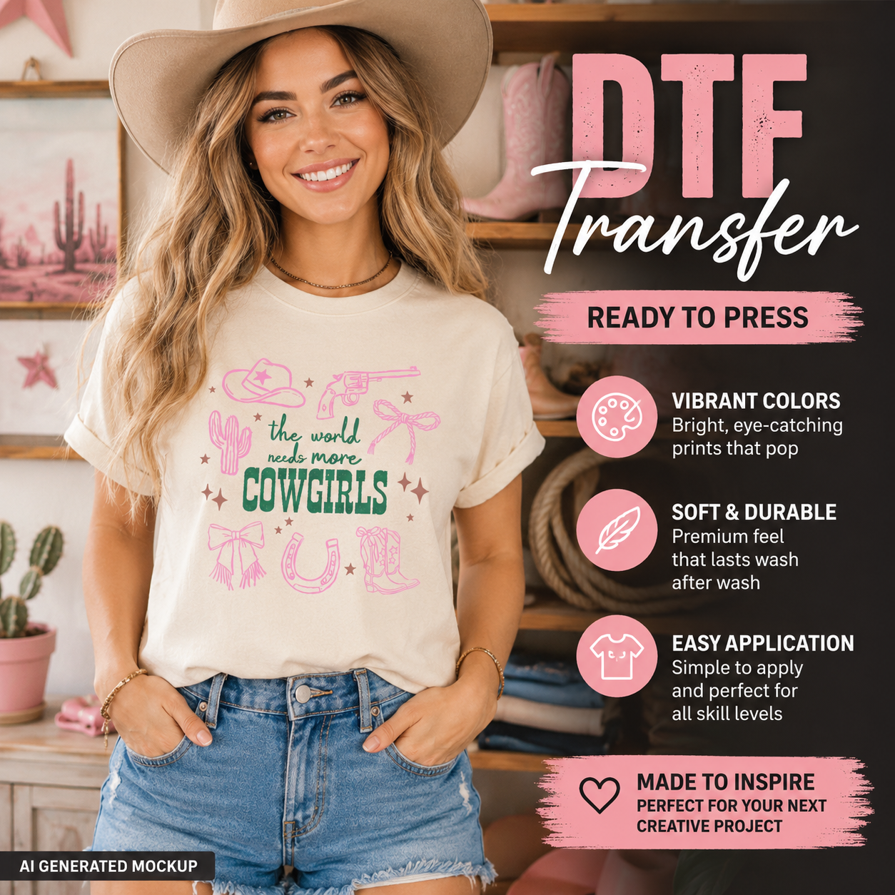 Woman wearing a t-shirt with ' The world needs more cowgirls' design and promotional text for DTF transfers.