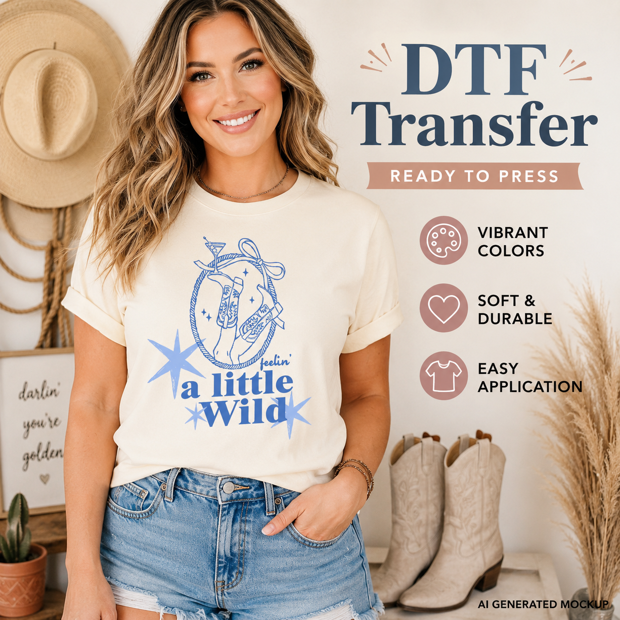 Woman wearing a t-shirt with a graphic design and text, with promotional text about DTF transfers.