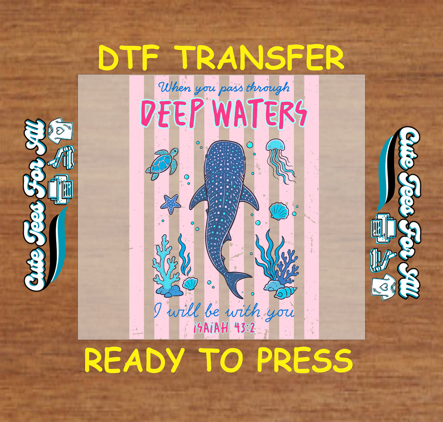 DTF transfer with ocean-themed design and text on a wooden background