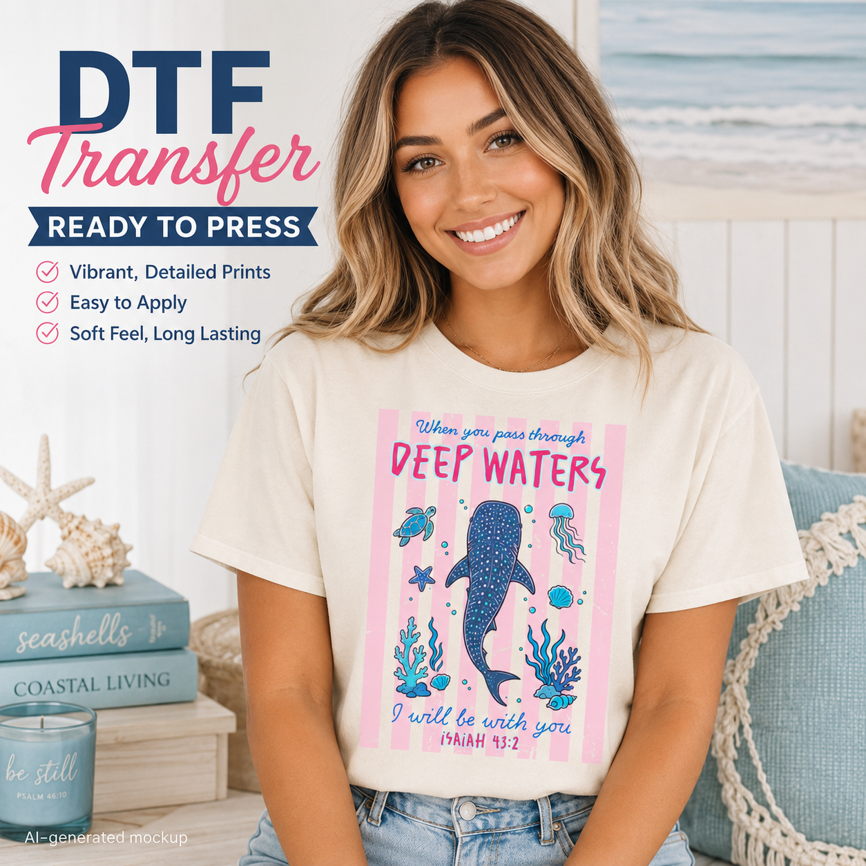 Woman wearing a t-shirt with a 'Deep Waters' design, surrounded by coastal decor.