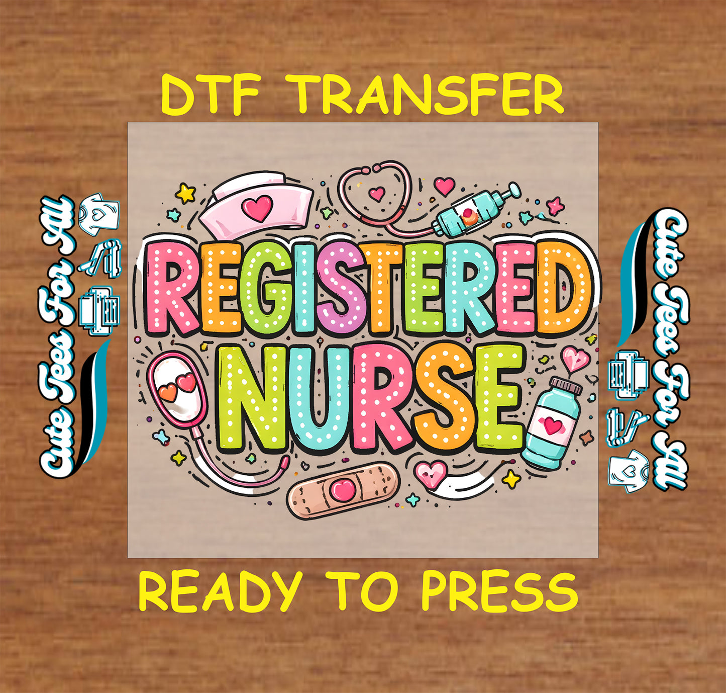 Colorful 'Registered Nurse' design with medical icons on a wooden background