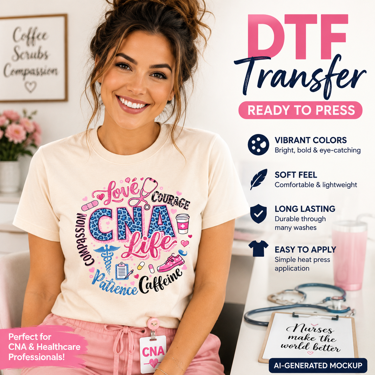 Woman wearing a t-shirt with 'CNA Life' design, surrounded by promotional text for DTF transfers.