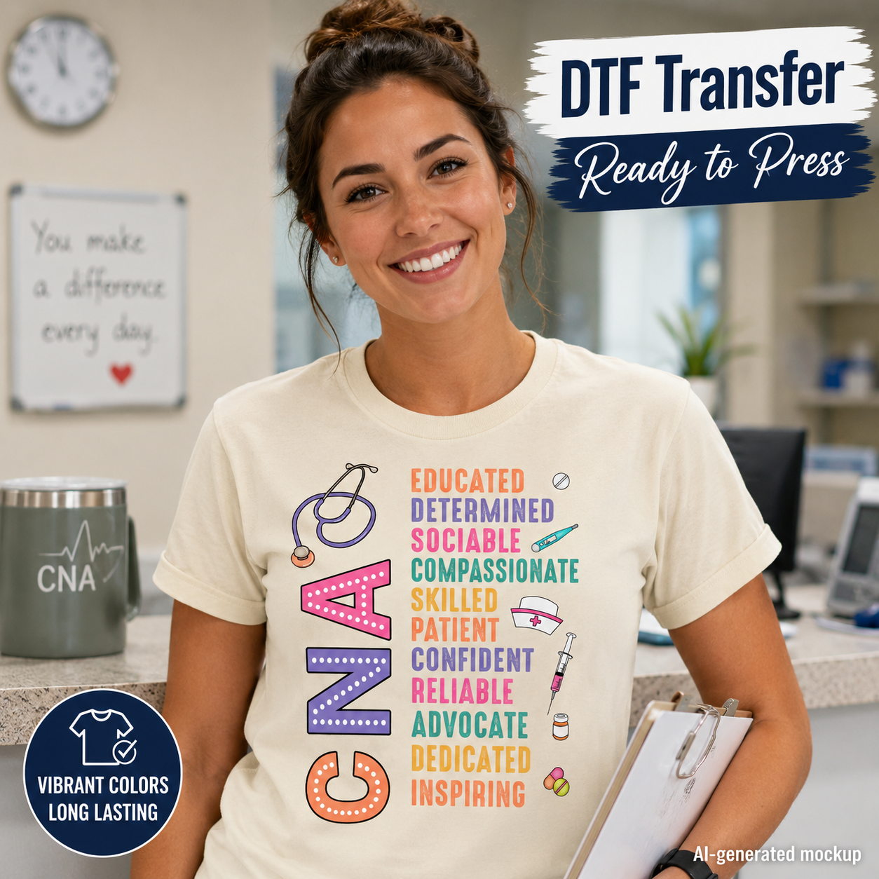 Woman wearing a t-shirt with CNA motivational text and graphics in an office setting, with 'DTF Transfer Ready to Press' text overlay.