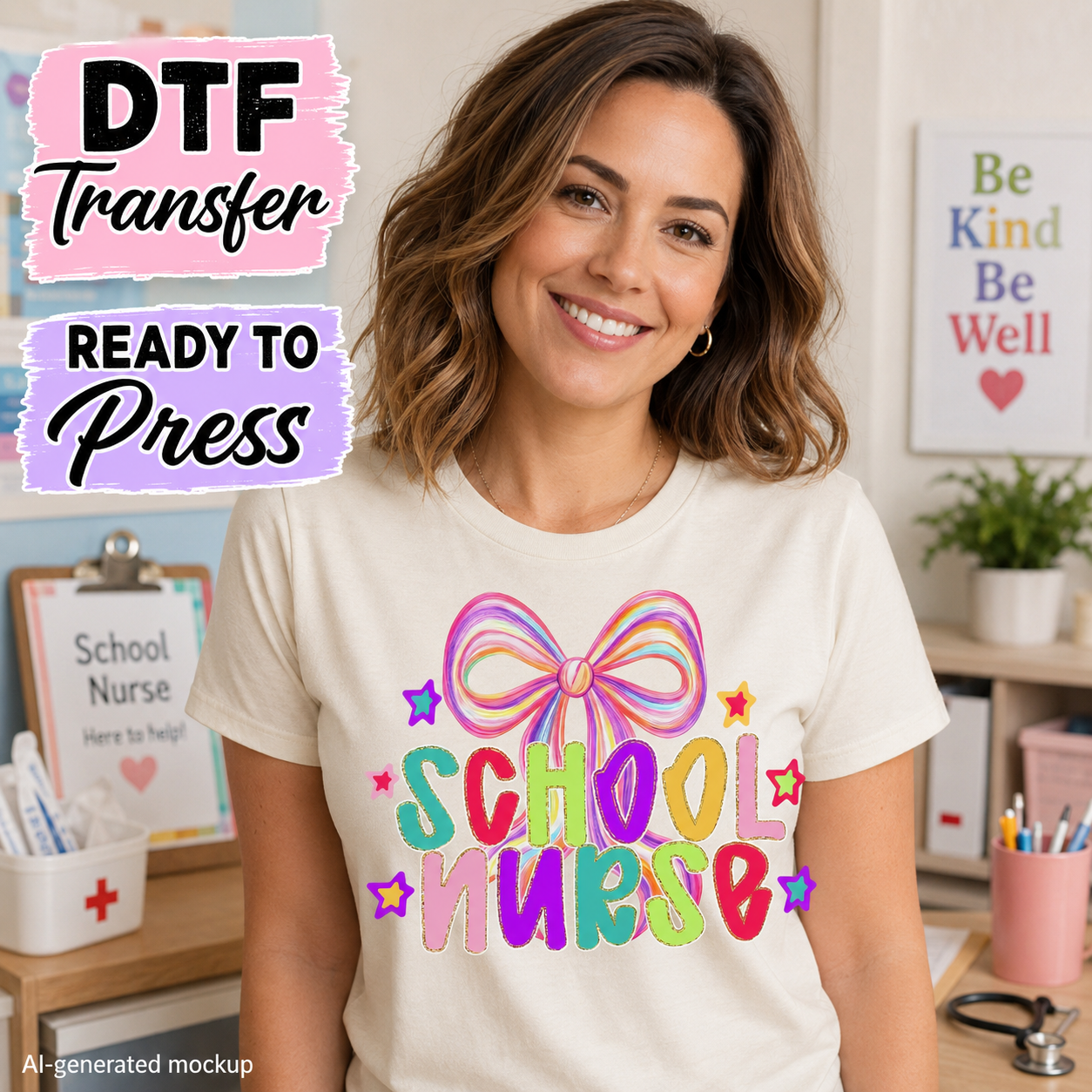 Woman wearing a 'School Nurse' t-shirt with colorful design in a classroom setting.