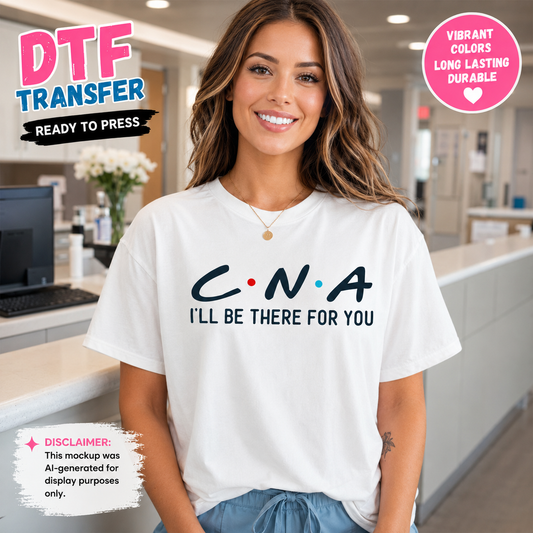Woman wearing a white t-shirt with 'CNA I'll be there for you' text in a professional setting.