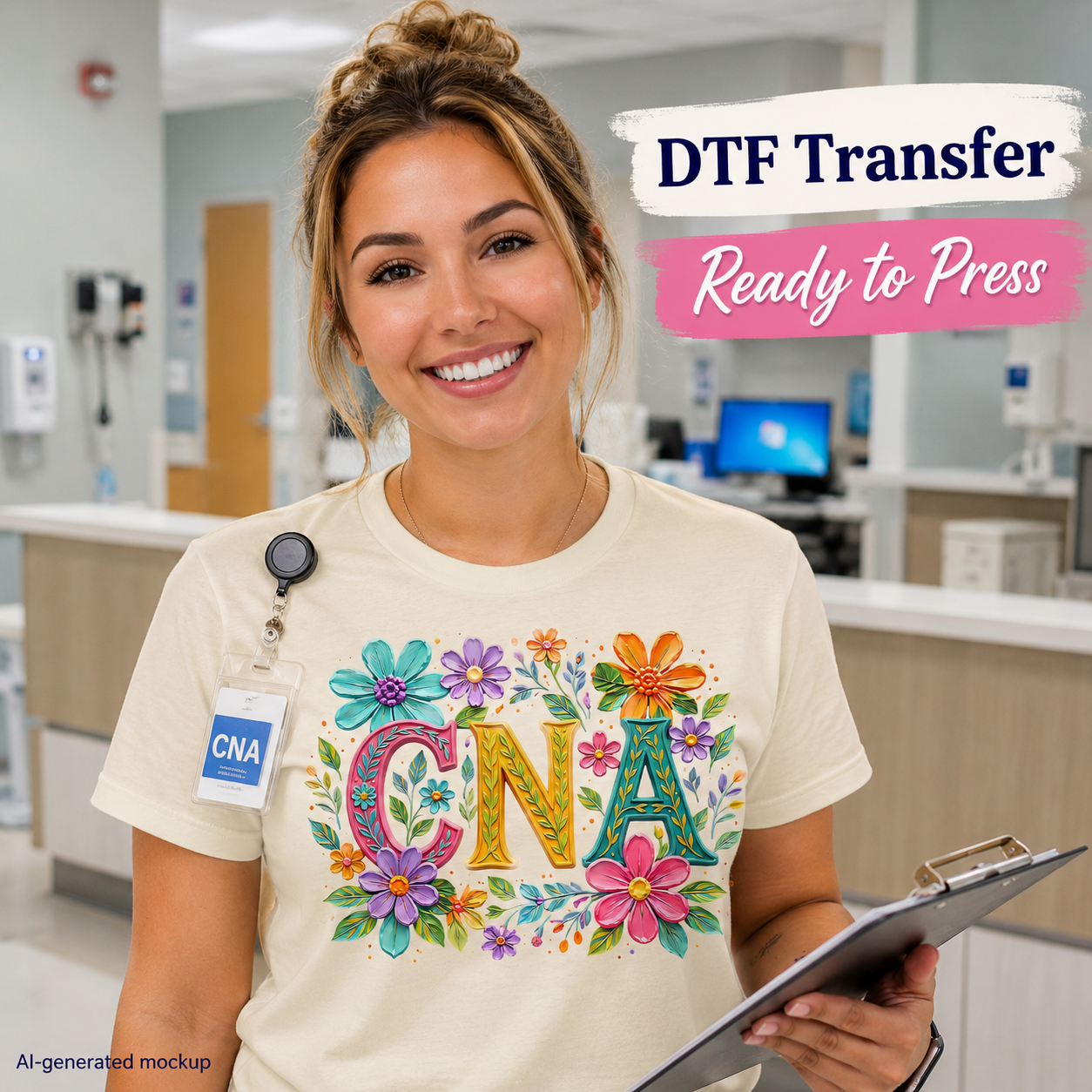CNA DTF transfer ready to press floral healthcare shirt mockup for certified nursing assistant apparel