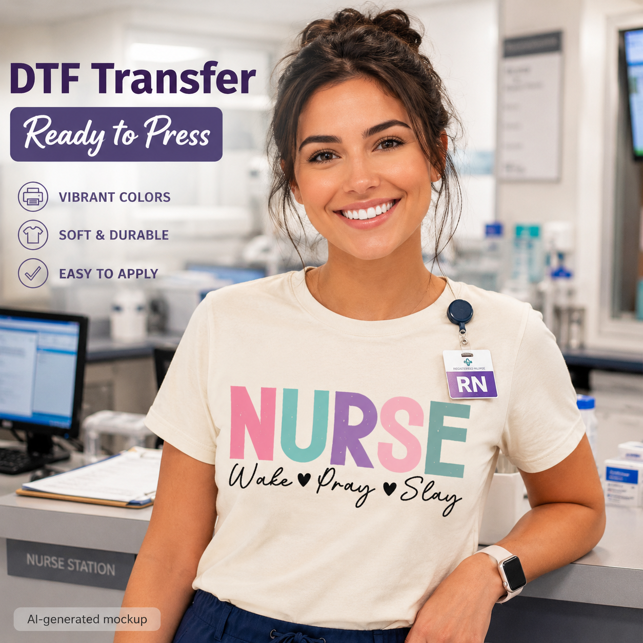 Nurse DTF transfer ready to press shirt mockup with pastel wake pray slay design
