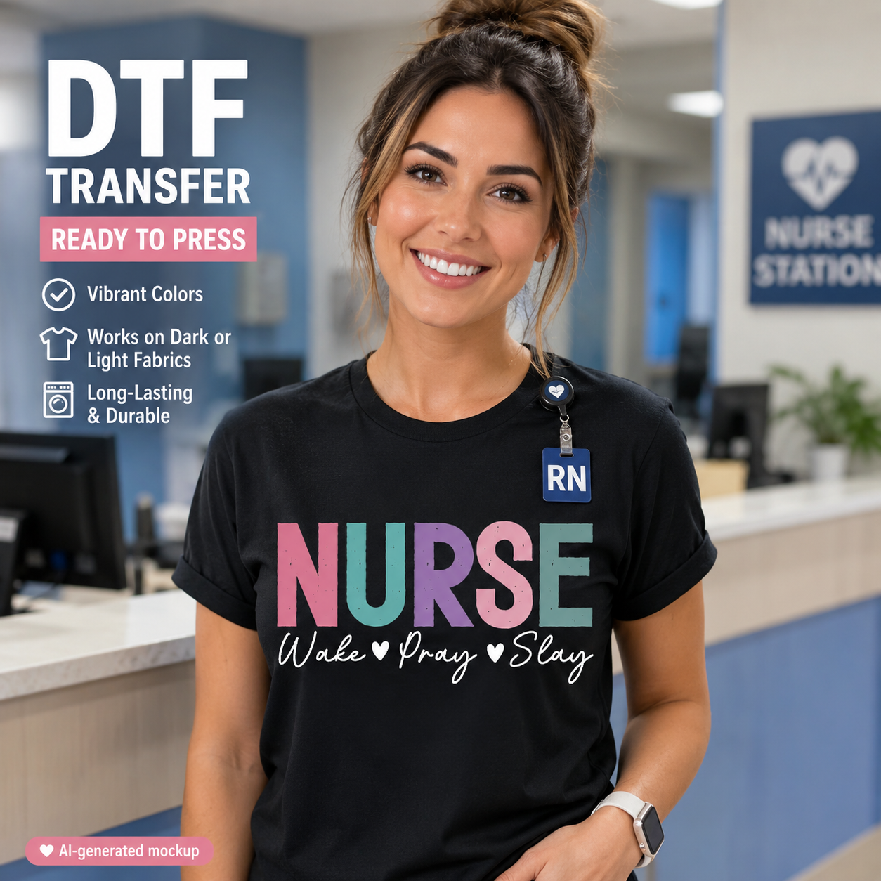 Nurse DTF transfer ready to press shirt mockup with pastel wake pray slay white script design