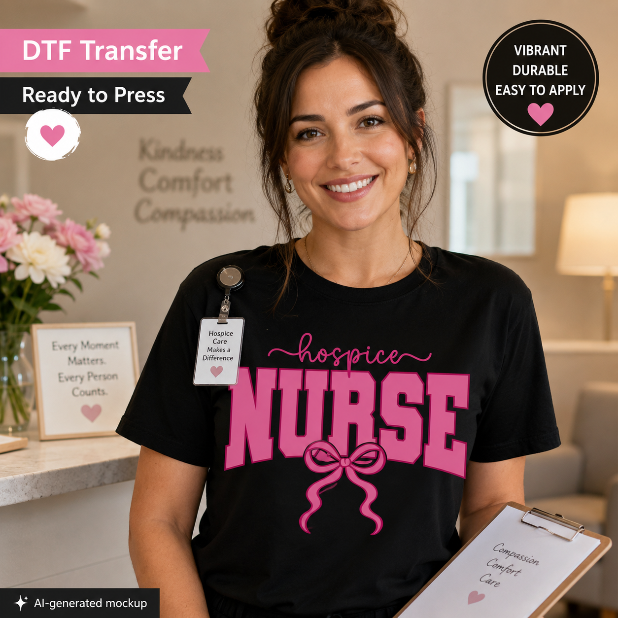 Hospice nurse DTF transfer ready to press shirt mockup with pink bow nurse design
