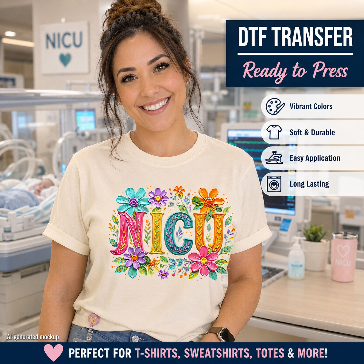 NICU DTF transfer ready to press healthcare shirt mockup with colorful floral nurse design