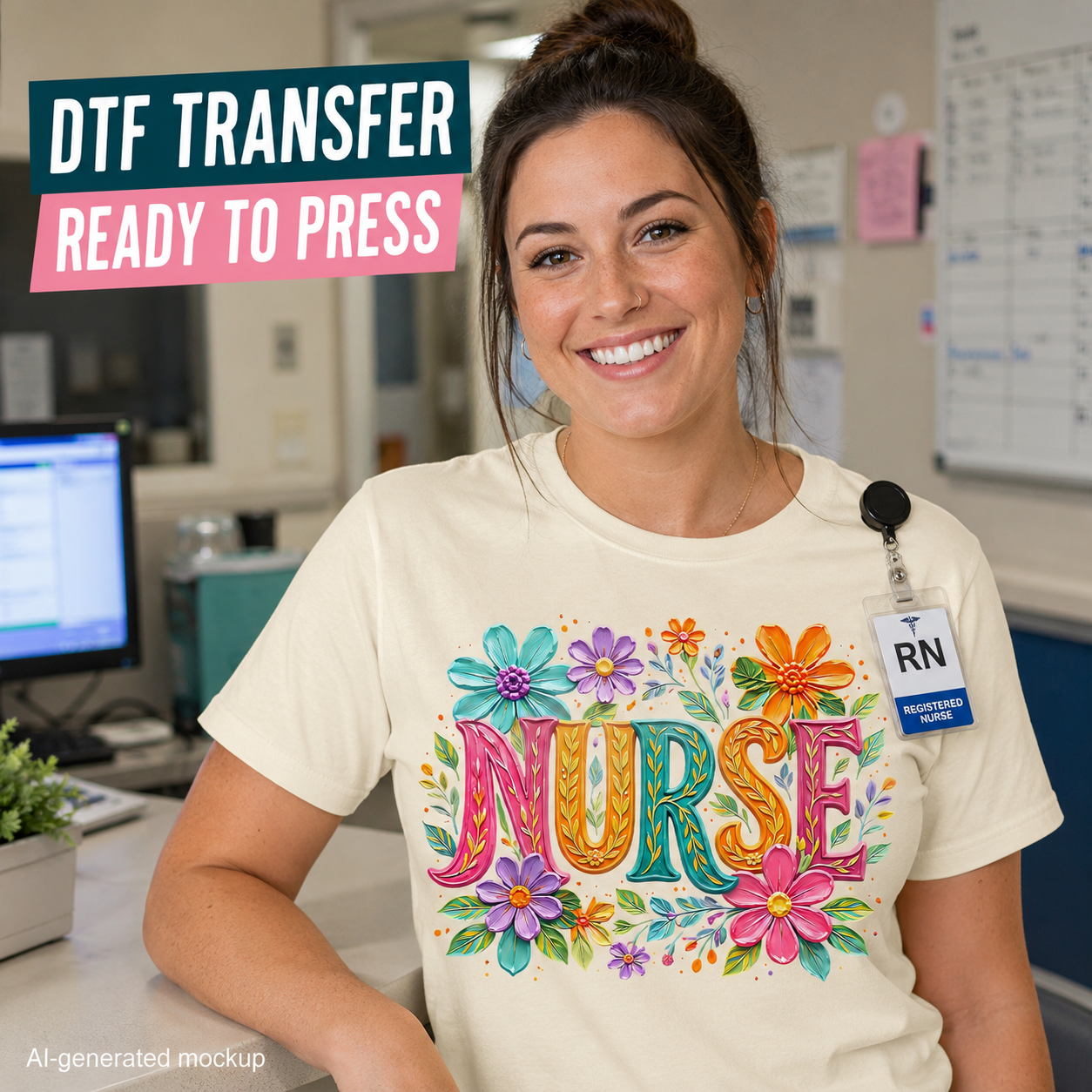 Nurse DTF transfer ready to press healthcare shirt mockup with colorful floral nurse design