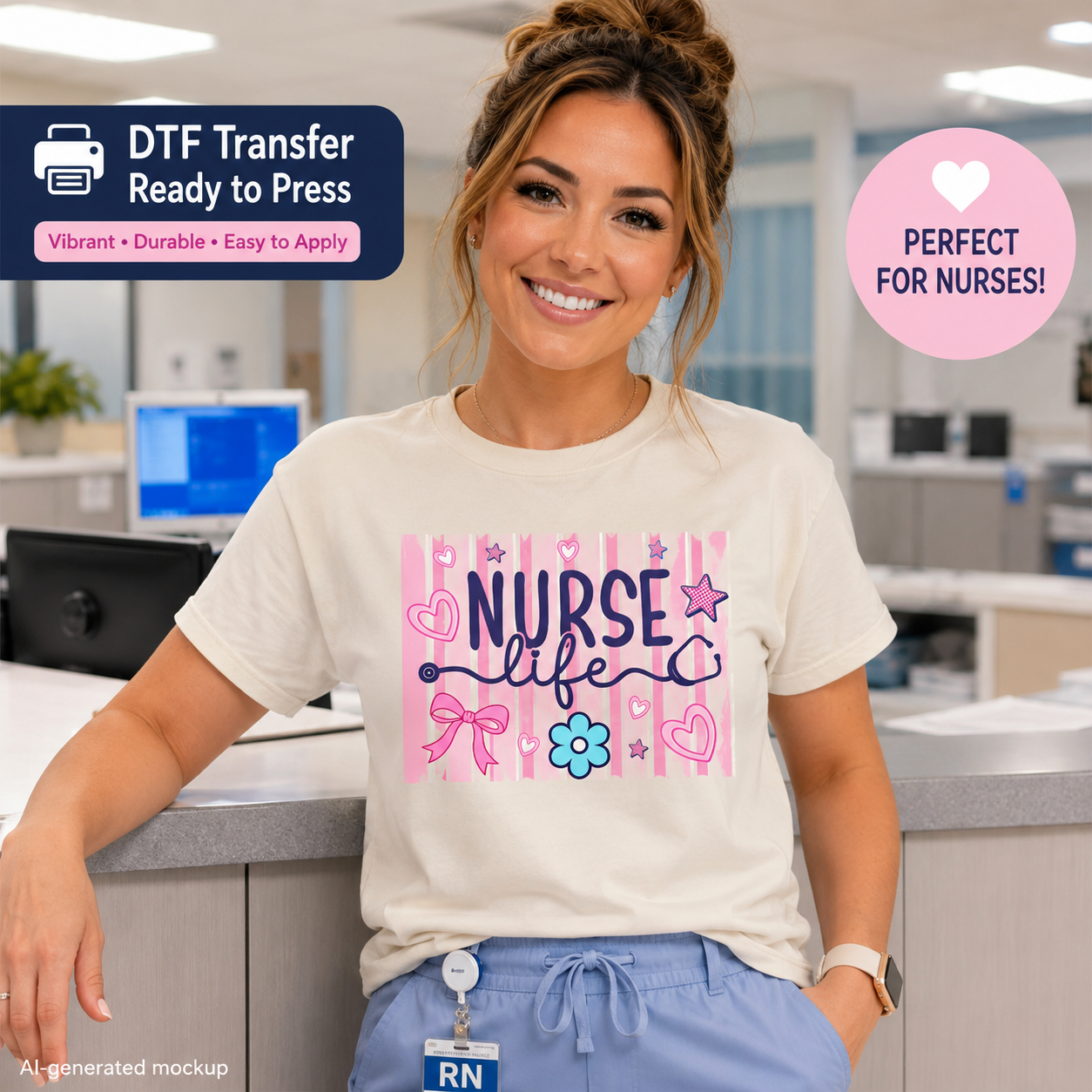 Nurse life DTF transfer ready to press shirt mockup with pink stripes and stethoscope design