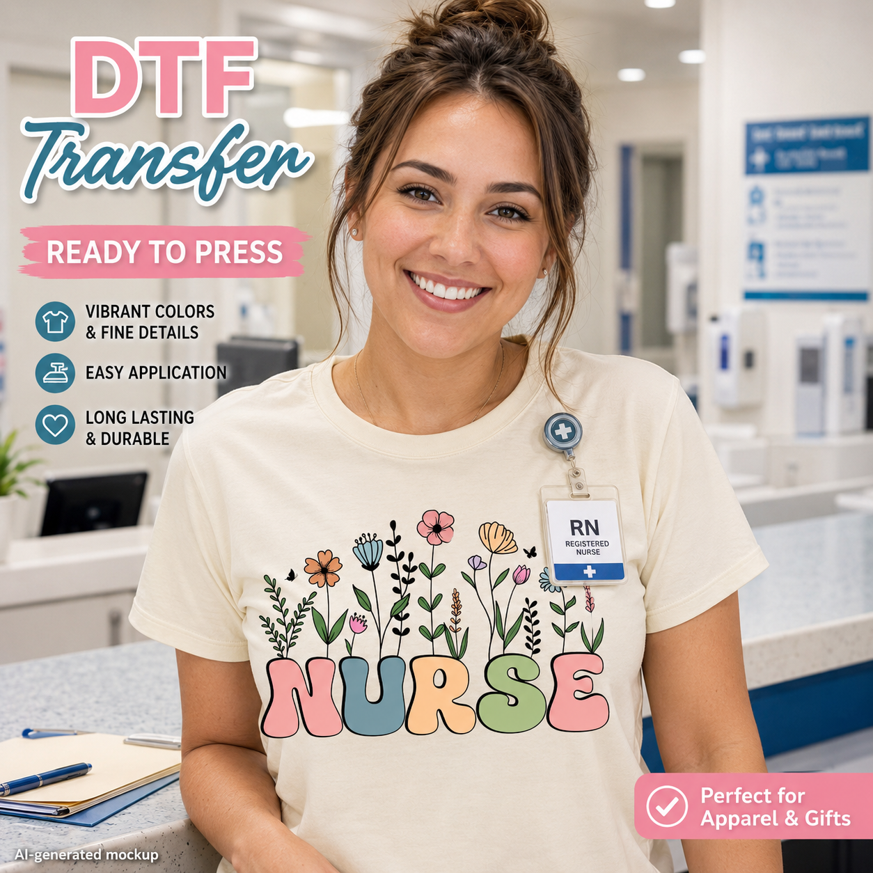 Nurse DTF transfer ready to press shirt mockup with pastel floral garden nurse design