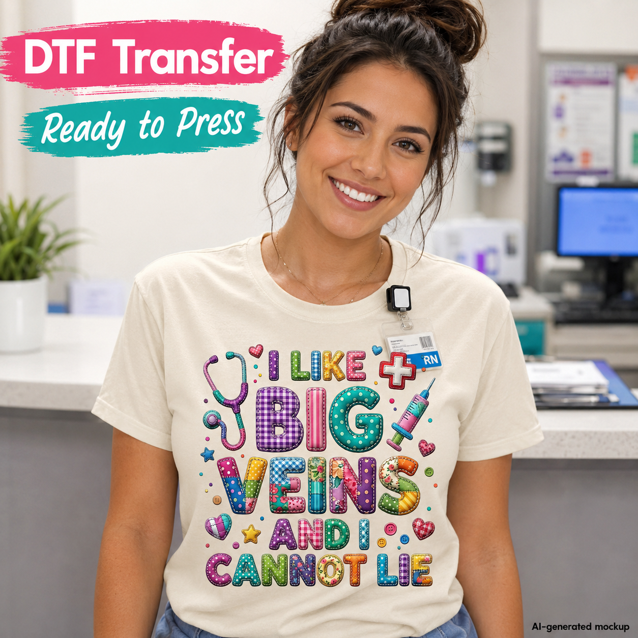 Phlebotomy DTF transfer ready to press shirt mockup with funny I Like Big Veins medical design