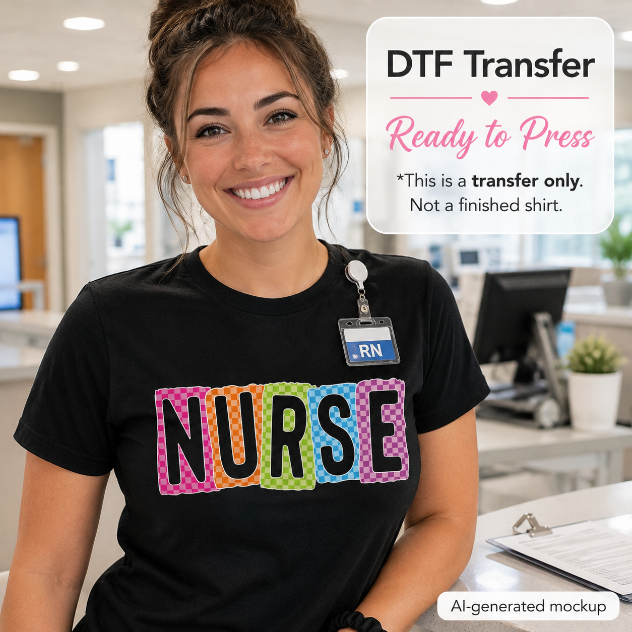 Nurse DTF transfer ready to press shirt mockup with colorful checkered nurse design
