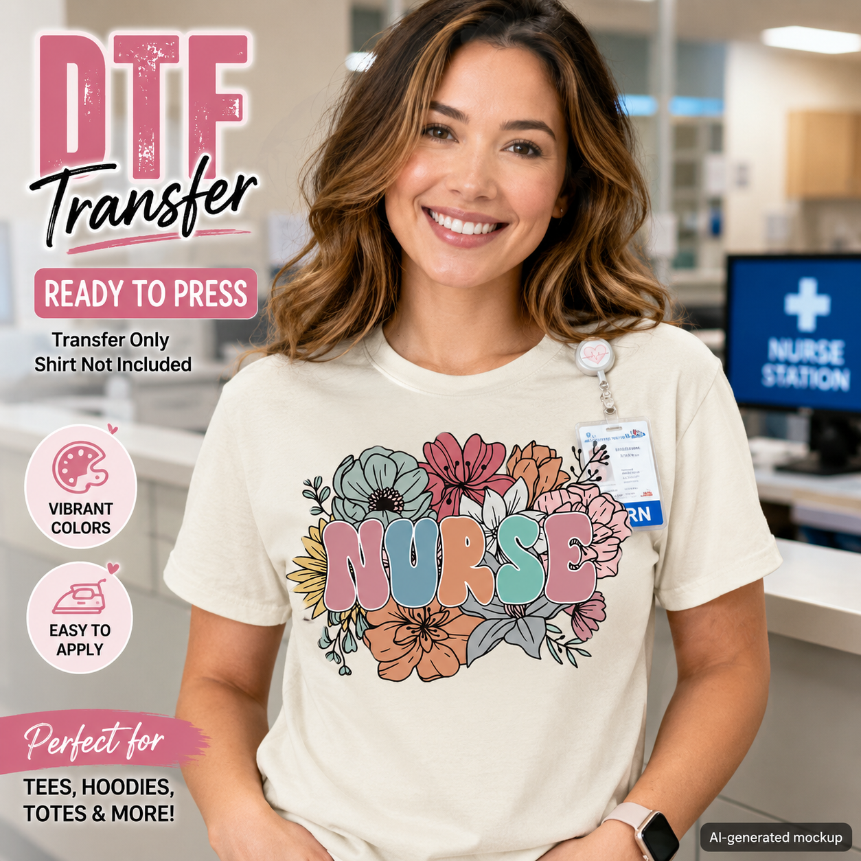 Nurse DTF transfer ready to press shirt mockup with pastel floral nurse design
