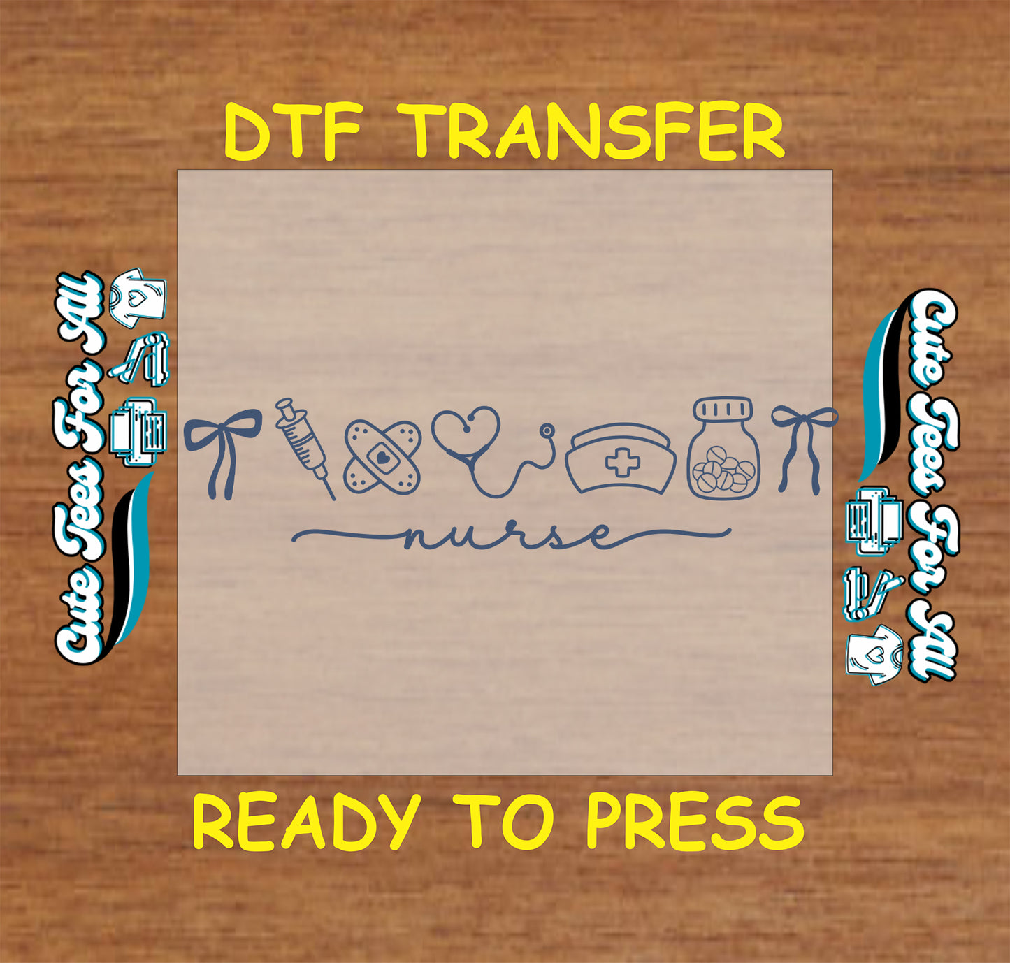 Minimal nurse ready to press DTF transfer with blue medical line art icons and script nurse text