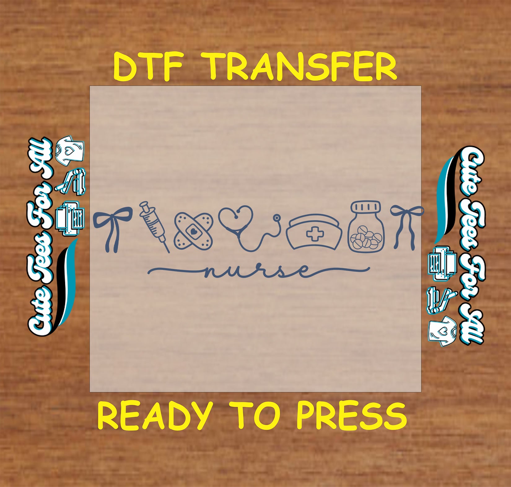 Minimal nurse ready to press DTF transfer with blue medical line art icons and script nurse text