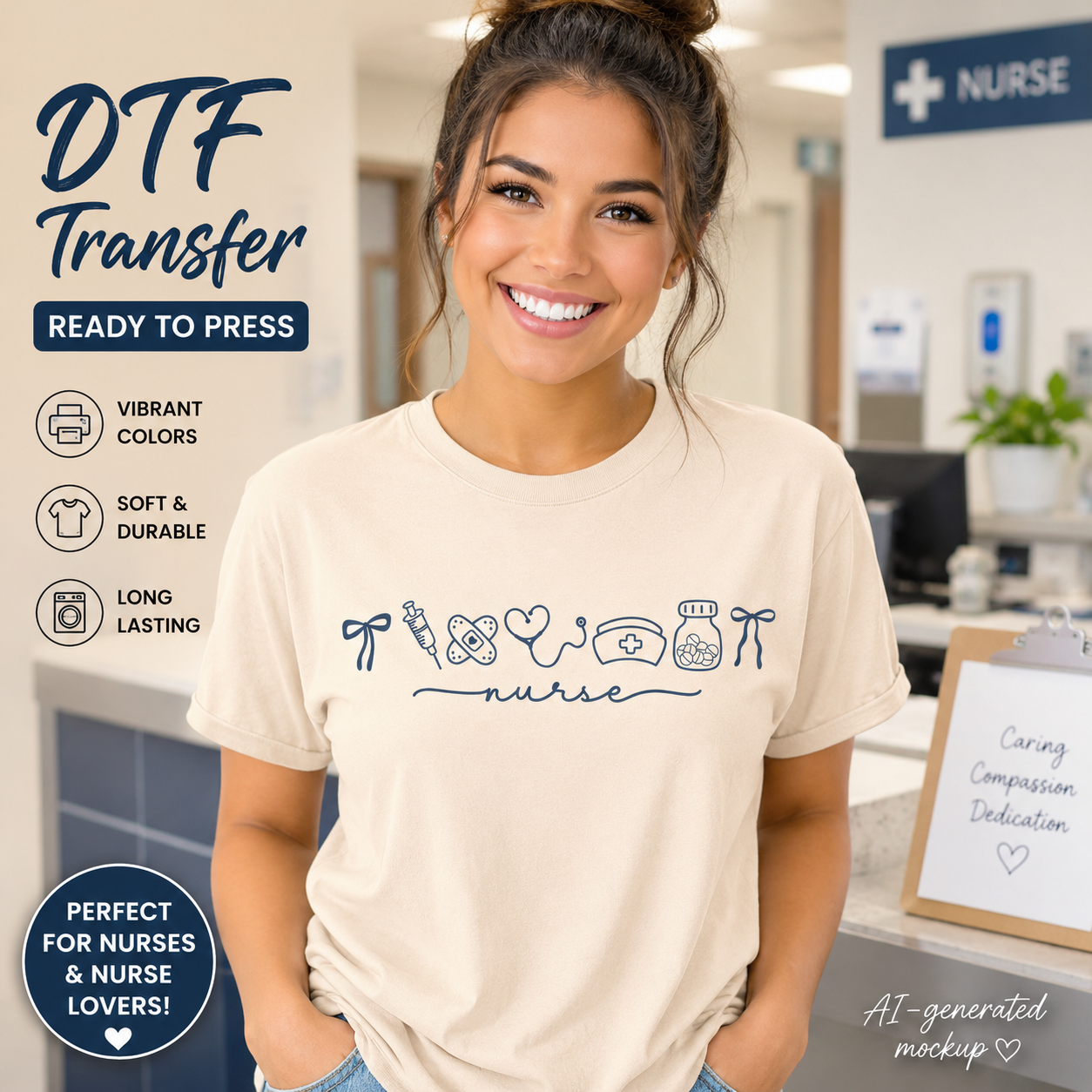 Nurse DTF transfer ready to press shirt mockup with minimal medical icon design
