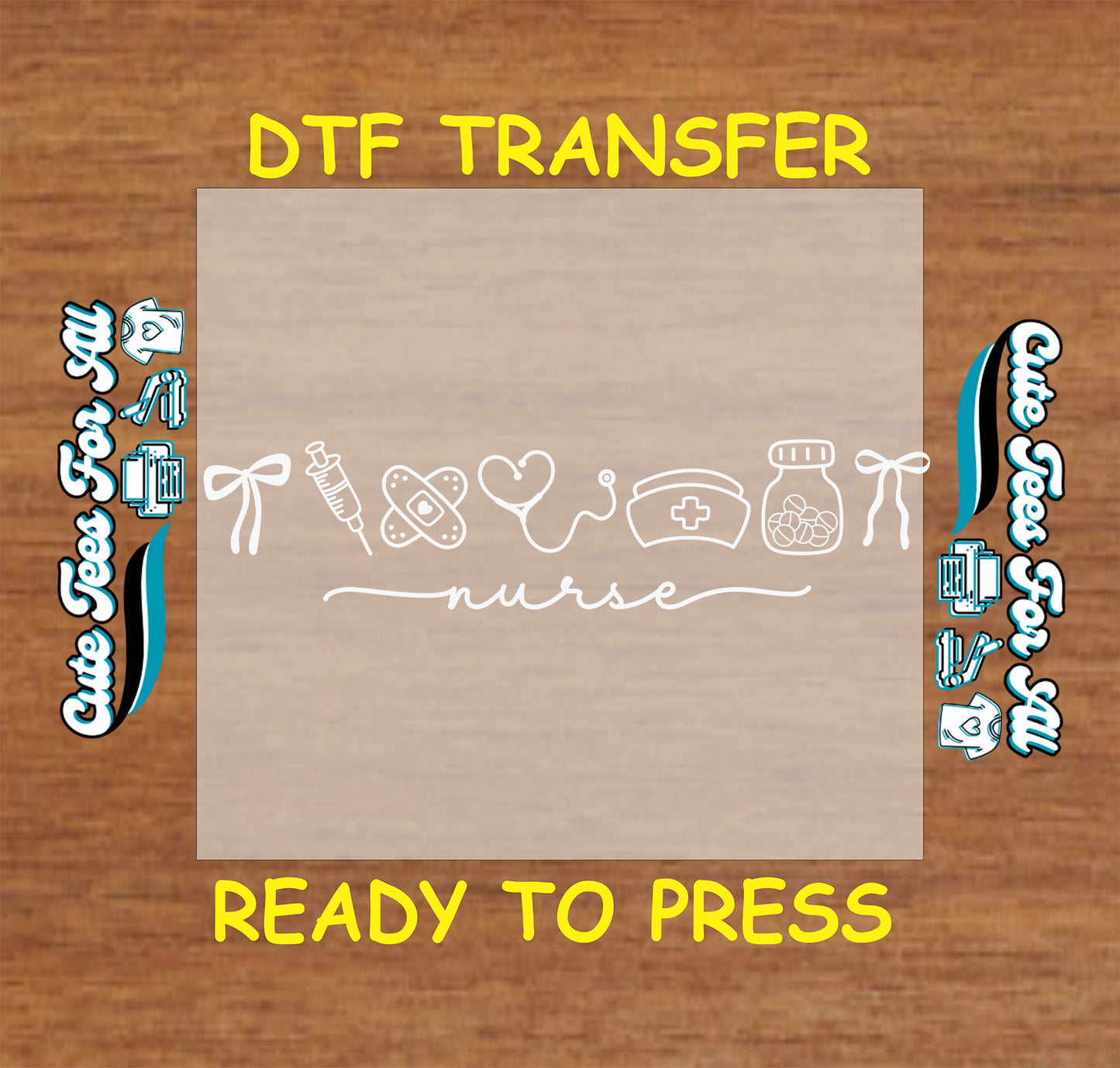 Minimal white nurse ready to press DTF transfer with medical line art icons and script nurse text