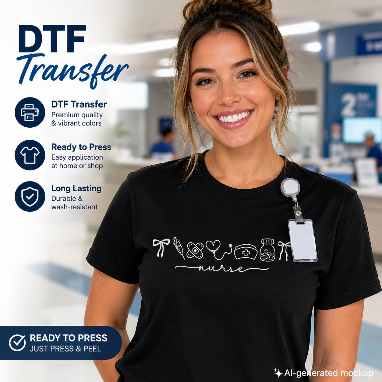 Nurse DTF transfer ready to press shirt mockup with minimal white medical icon design