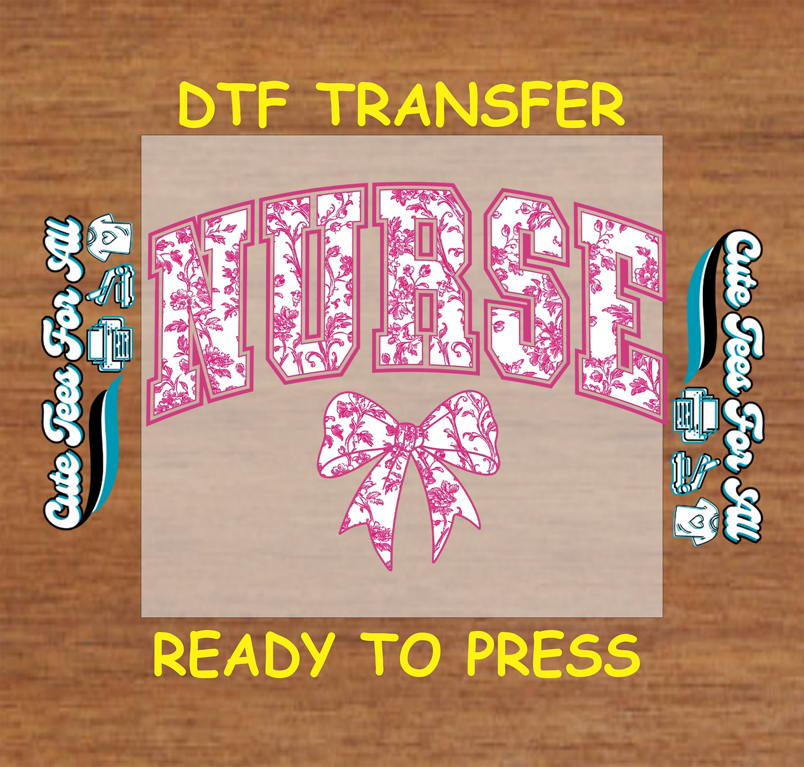 Pink toile nurse ready to press DTF transfer with varsity letters and matching floral bow
