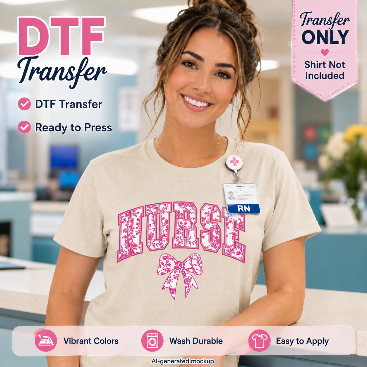 Nurse DTF transfer ready to press shirt mockup with pink toile bow nurse design