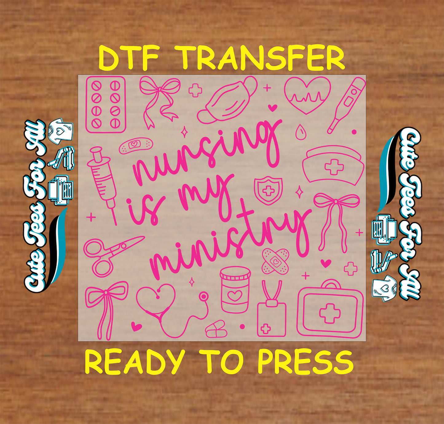 Pink nursing is my ministry ready to press DTF transfer with medical line art icons and nurse details