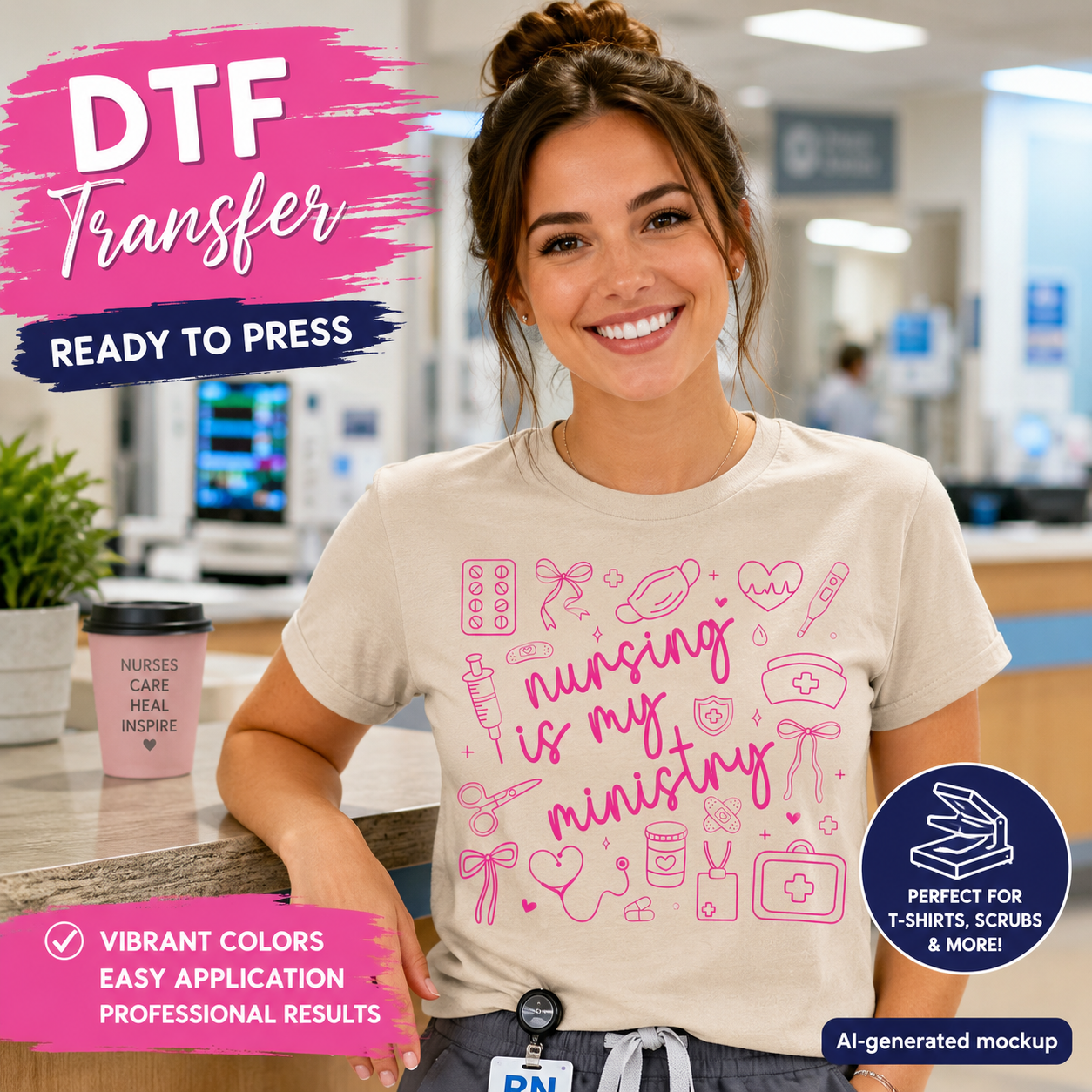 Nursing is my ministry DTF transfer ready to press nurse shirt mockup with pink medical icons