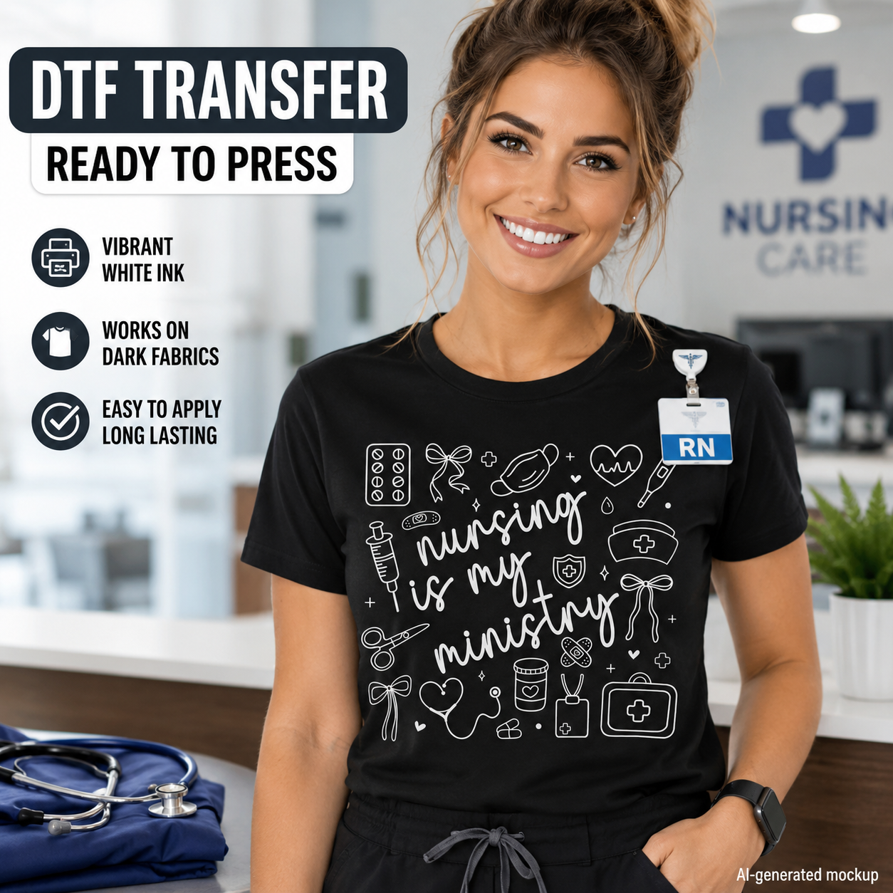 Nursing is my ministry DTF transfer ready to press nurse shirt mockup with white medical icons