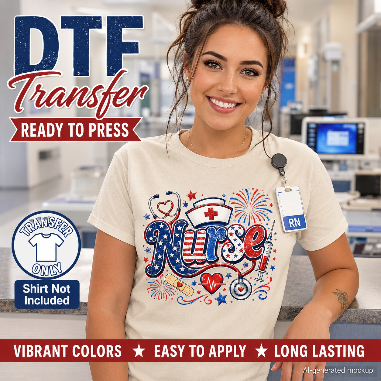 Patriotic nurse DTF transfer ready to press shirt mockup with red white and blue medical design