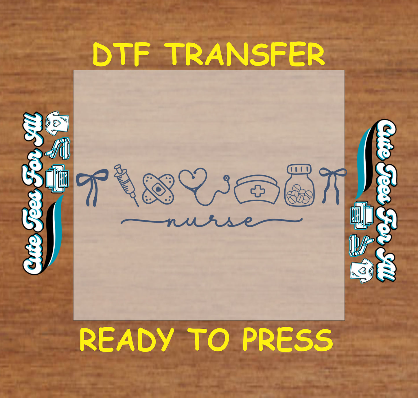 Minimal blue nurse ready to press DTF transfer with medical line art icons and script nurse text