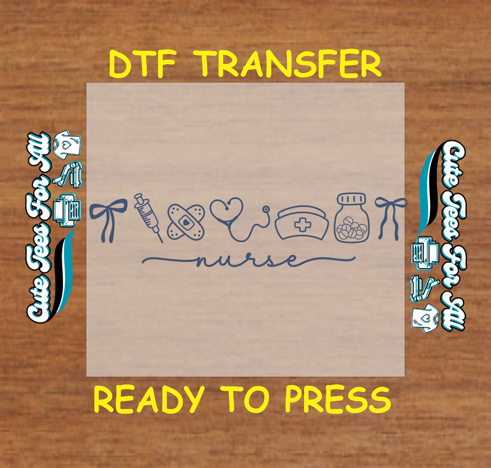 Minimal blue nurse ready to press DTF transfer with medical line art icons and script nurse text