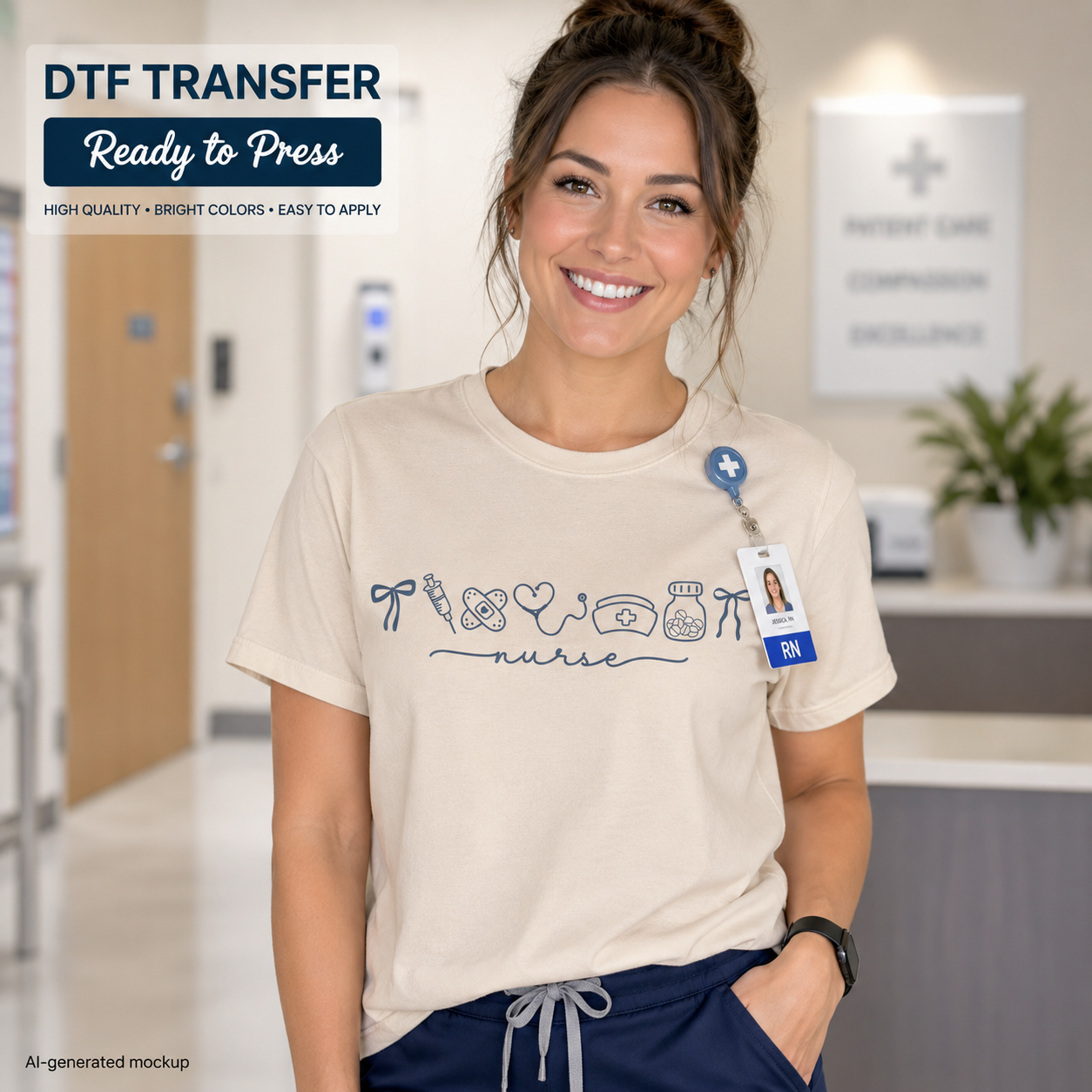 Nurse DTF transfer ready to press shirt mockup with minimal blue medical icon design