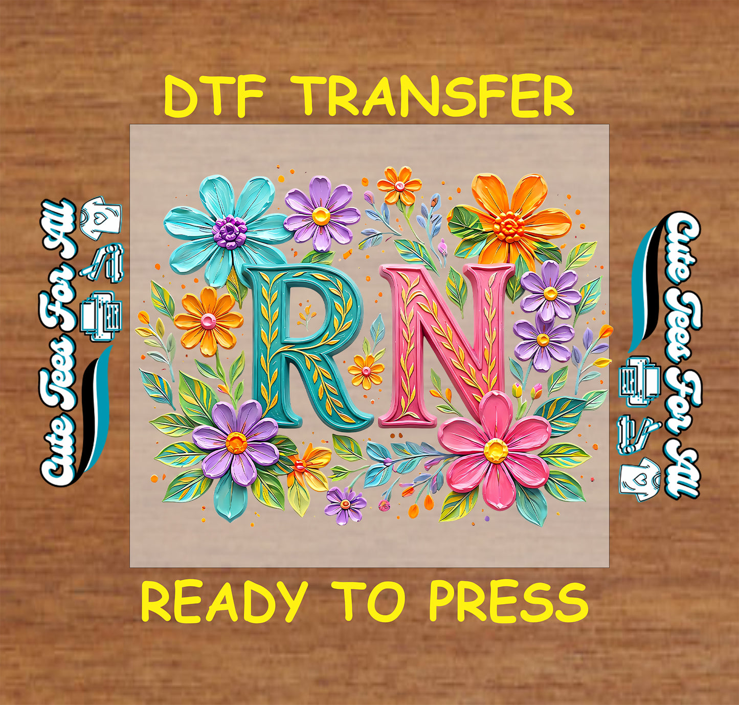 Floral RN ready to press DTF transfer with colorful flowers and registered nurse lettering