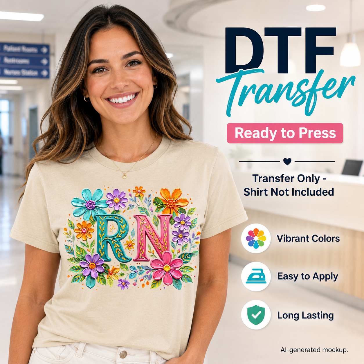 RN DTF transfer ready to press healthcare shirt mockup with colorful floral nurse design