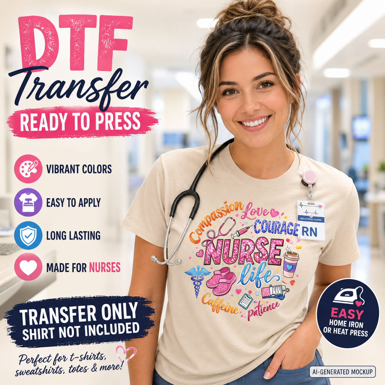 Nurse life DTF transfer ready to press shirt mockup with colorful medical icons and coffee design