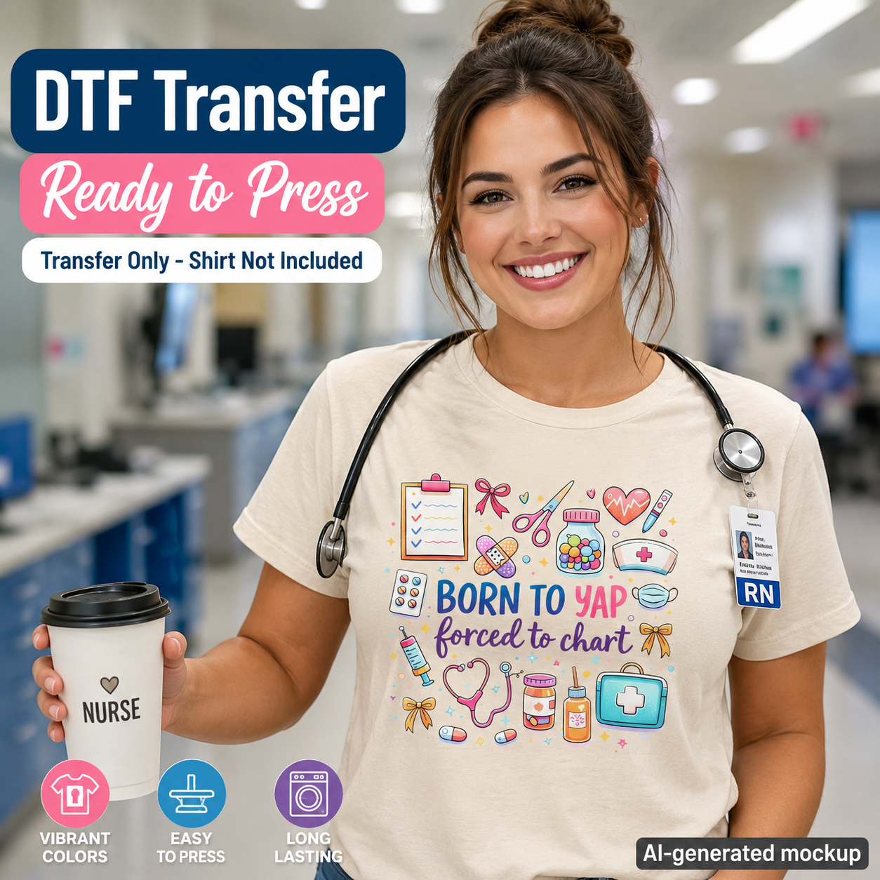 Nurse DTF transfer ready to press shirt mockup with Born To Yap Forced To Chart medical design