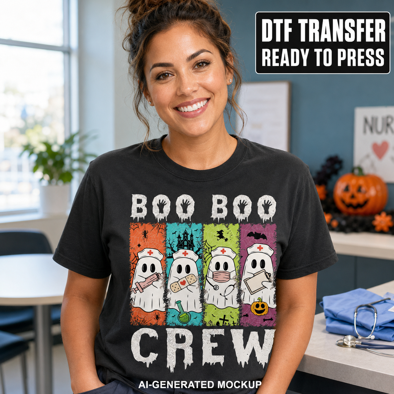 Woman wearing a black Boo Boo Crew Halloween nurse ghost shirt displayed as a ready-to-press DTF transfer mockup