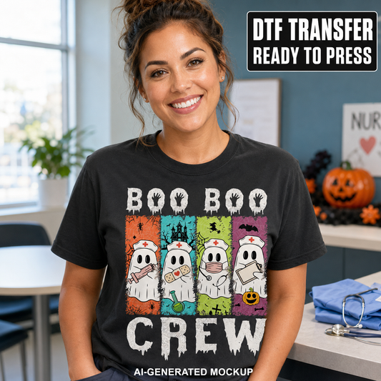 Woman wearing a black Boo Boo Crew Halloween nurse ghost shirt displayed as a ready-to-press DTF transfer mockup