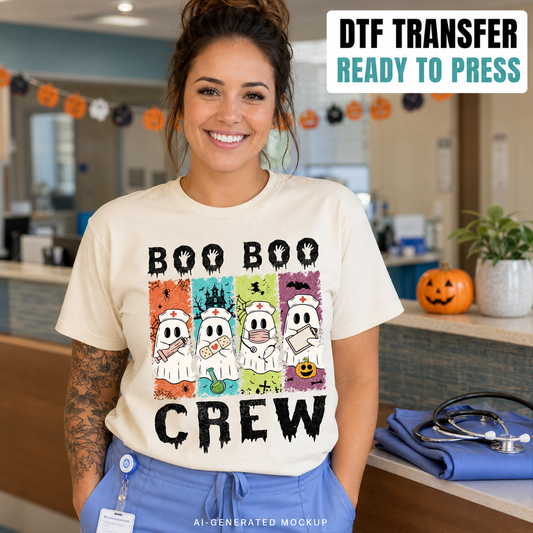 Nurse wearing a cream Boo Boo Crew Halloween ghost shirt displayed as a ready-to-press DTF transfer mockup